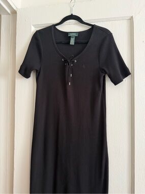 Ralph Lauren Black Ribbed Lace-Up Midi Dress